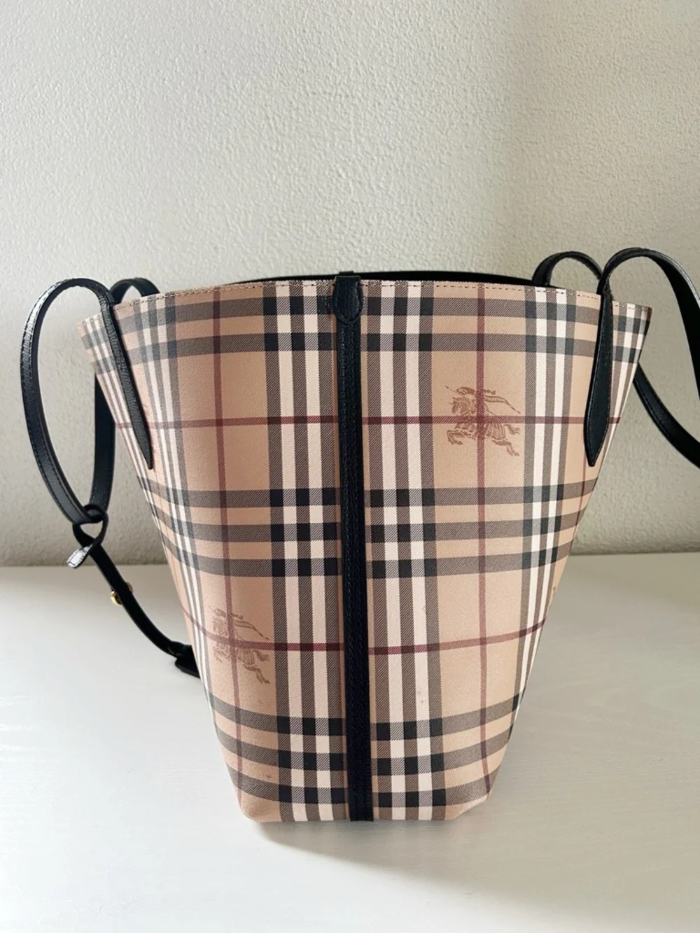 Burberry Reversible Haymarket Check Black Leather Tote Shopper Bag Purse